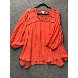 Studio Woman 1X Boho Lace Crochet Top Coral Peasant Blouse Flowy